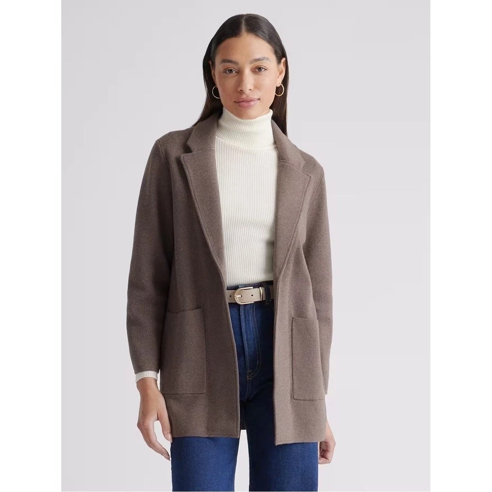 Quince Knit Blazer Womens L Brown Organic Cotton Heathered Open Front Office
